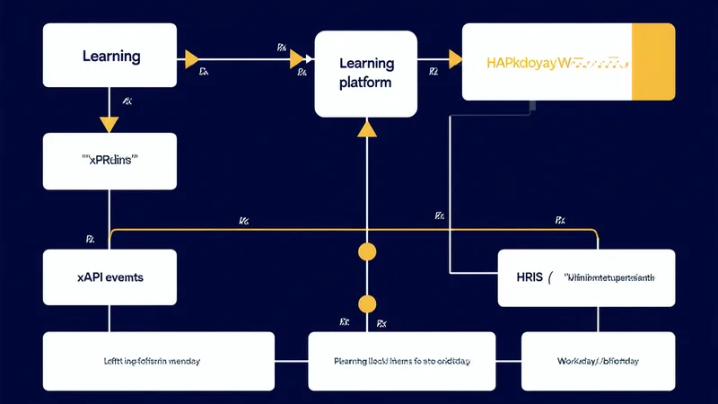 Technical integration diagram showing learning platform data flowing into HRIS completion records