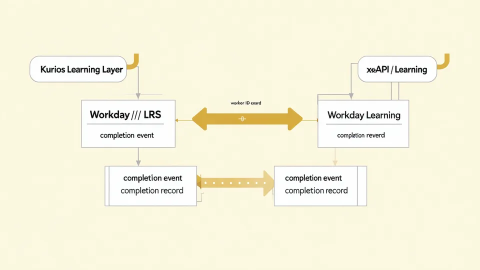 Technical flow diagram showing Kurios xAPI completion events syncing to Workday Learning records