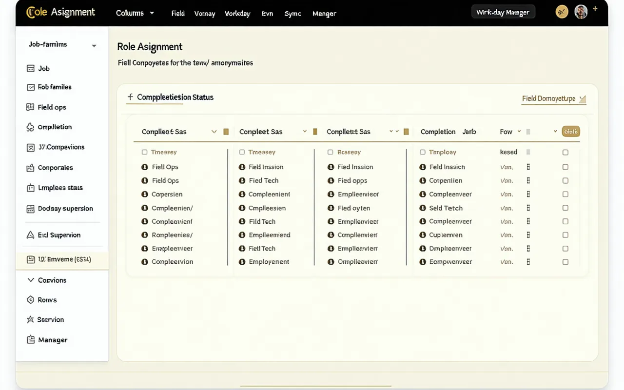 Kurios platform overview showing role path assignment, completion tracking, and Workday sync status