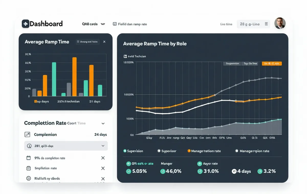 Kurios analytics dashboard showing ramp time by role, cohort completion rates, and a time-to-productivity trend line