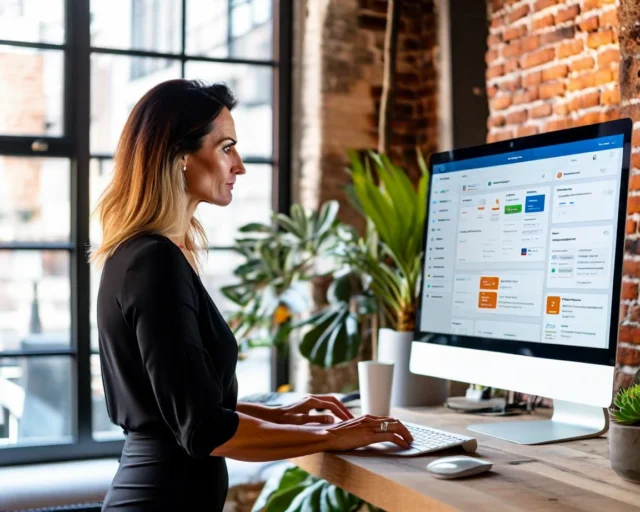 Professional reviewing course dashboard in Denver co-working space