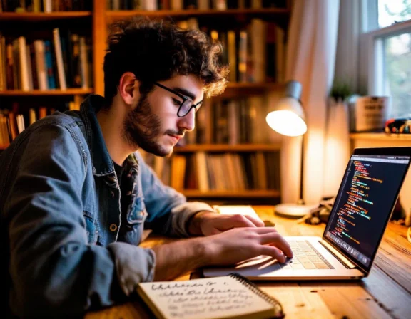 Learner working on a coding exercise at home office